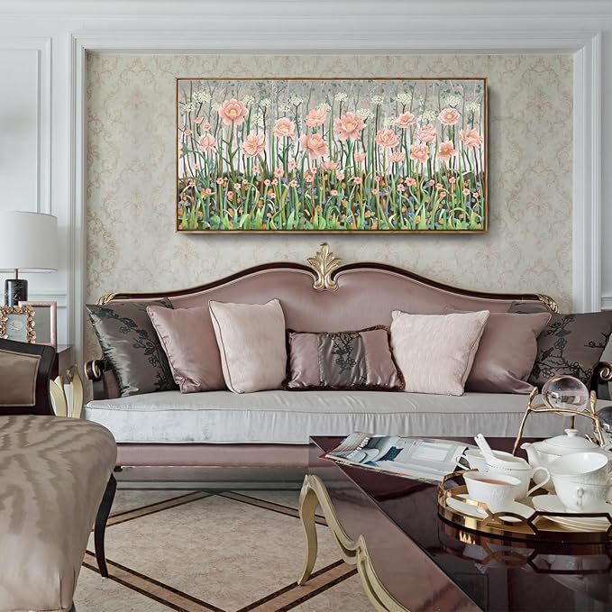 amatop Extra Large Modern Floral Wall Art: Framed Abstract Botanical Print in Pink & Green, Ready-to-Hang for Living Room, Bedroom, Office Decor (48x24 in)