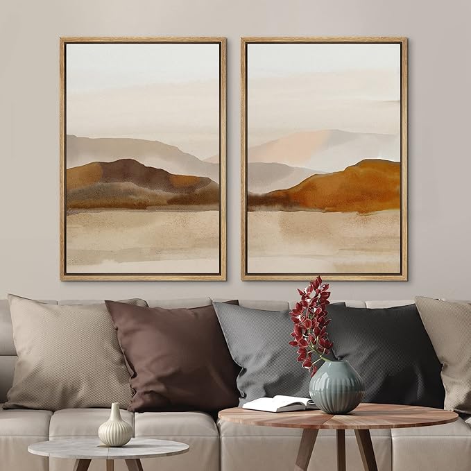 MUDECOR Framed Canvas Print Wall Art Pastel Brown Mountain Range Ocean Lake Wilderness Nature Illustrations Modern Art Decorative Calm/Relax Multicolor Rustic Minimal for Bedroom - 16"x24"x2 Natural