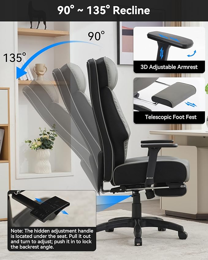 DJ·Wang Big and Tall Office Chair 400lbs with Foot Rest, High Back Executive Office Chair with Extra-Thick Spring Cushion, Ergonomic Leather Chairs Dark Gray