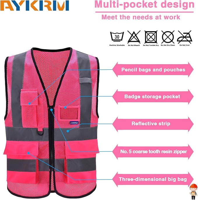 A-SAFETY High Visibility Mesh Safety Reflective Vest with Pockets and Zipper,Hi Viz Work Vest for Men Women (Pink Mesh S)