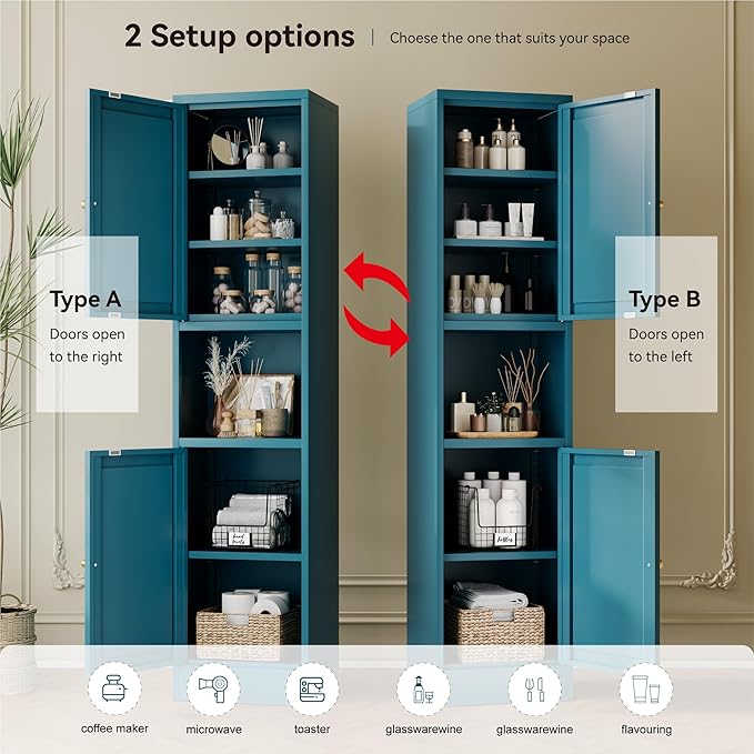 2-Door Metal Storage Cabinet, Tall Slim Pantry Organizer with 3 Adjustable Shelves (120LBS/Shelf), Anti-Tipping Waterproof Cabinet for Bathroom/Kitchen/Home Office/Small Spaces,(1PC,Blue)