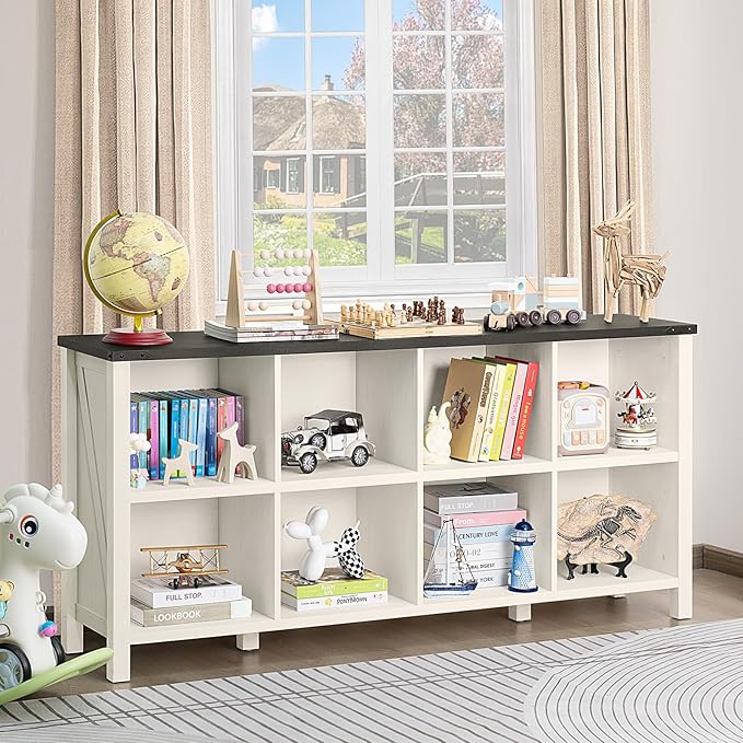 8 Cube Book Shelf, Farmhouse Wood Long Storage Organizer Bookcase, 62" Horizontal Antique White & Black Console Bookshelf, Kids Toy Storage Cabinet, Modern Open Book Case for Playroom, Office