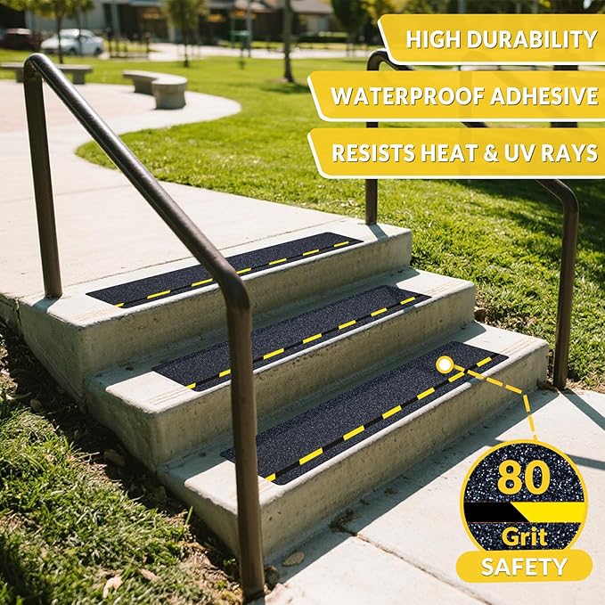 LifeGrip Anti Slip Stair Treads with Reflective Stripe (10-Pack), 6" X 28", Ourdoor Grip Tape Non Slip, Waterproof Safety Non Skid Tape, High Traction Friction Abrasive Adhesive for Step, Black/Yellow