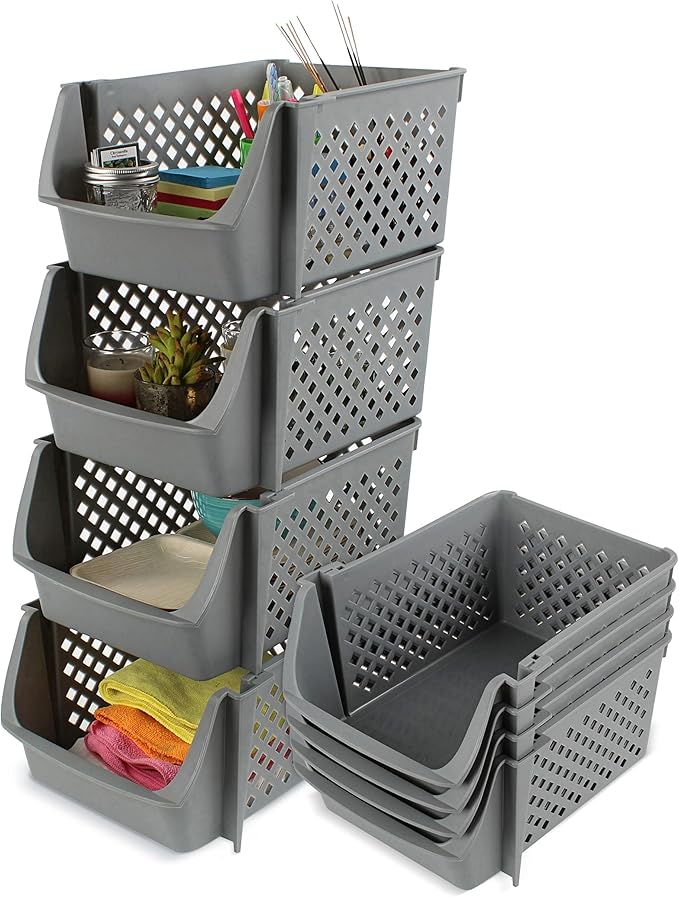 Stackable Plastic Bins - 4pc Gray Large Plastic Stackable Storage Bins 28in Tall Organizer for Home and Kitchen