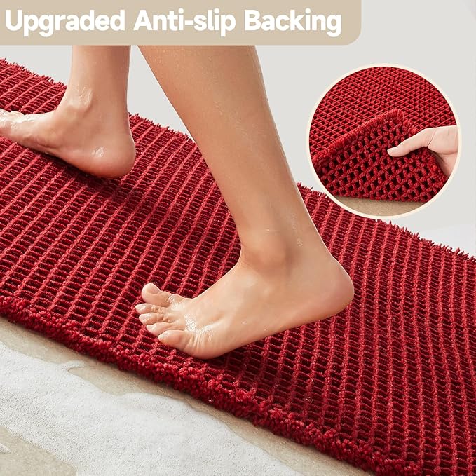 Waffle Bath Mat, Boho Bathroom Rugs Non Slip Washable Super Absorbent Quick Dry Bath Mat Farmhouse Bathroom Decor, 48"x24" Burgundy
