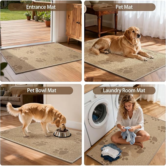 Door Mat Indoor Entrance 31"x47", 0.16" Thin Paw Print Low Pile Doormat, Non Slip Welcome Mat, Trap Dirt and Moisture, Easy Clean, Brown