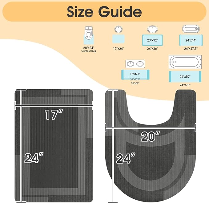 Ultra Thin Bath Mat, Upgrade Non Slip Thin Bath Mats Fit Under Door, Quick Dry Ultra Absorbent Bathroom Rugs, Machine Washable Bath Rugs for Bathroom, Grey/Bordered/24"x17"+ 24"x20" Contour Rug