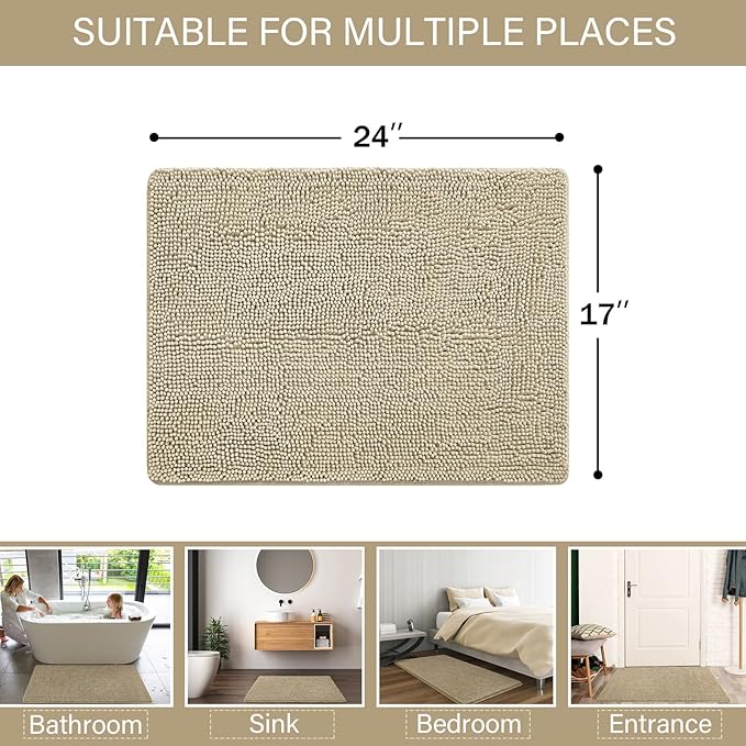 LOCHAS Luxury Bathroom Rug Shaggy Bath Mat 24 x 17 Inch, Washable Non Slip Bath Rugs for Bathroom Shower, Soft Plush Chenille Absorbent Carpets Mats, Beige
