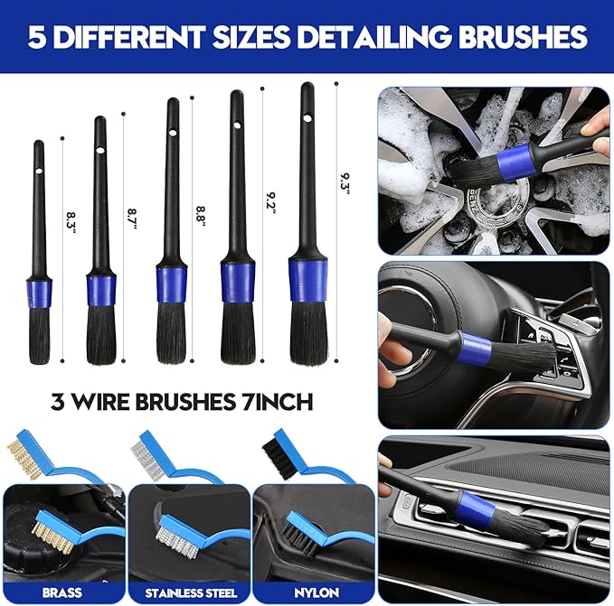 34Pcs Car Detailing Kit, Car Detailing Brush Set, Car Wash Cleaning Kit, Car Detailing Brushes, Professional Car Care Kit for Interior Exterior Wheels, Blue