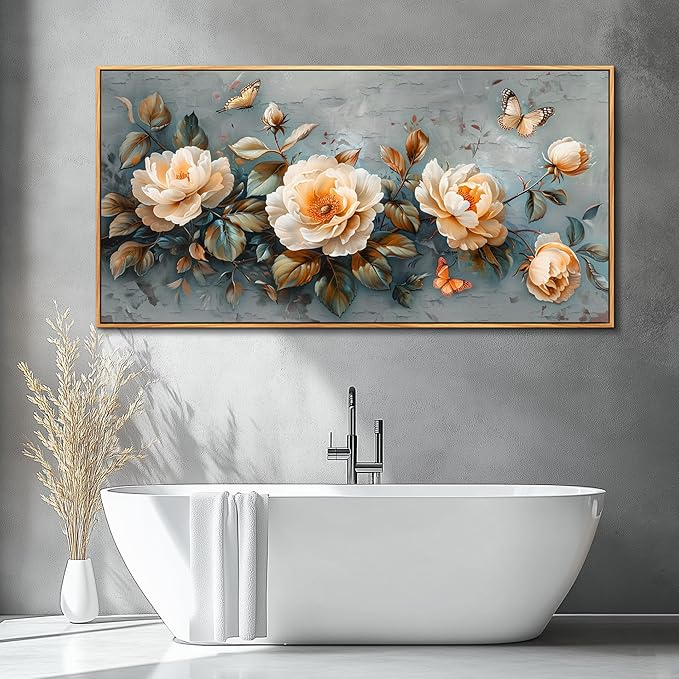 PHAOHUAXM Wall Art For Living Room Large Canvas Wall Decoration For Bedroom White Ink-Wash Flower Wood Frame Paintings Office Restaurant Room Mural Printing Artwork Ready To Hang Home Decor 24"X48"