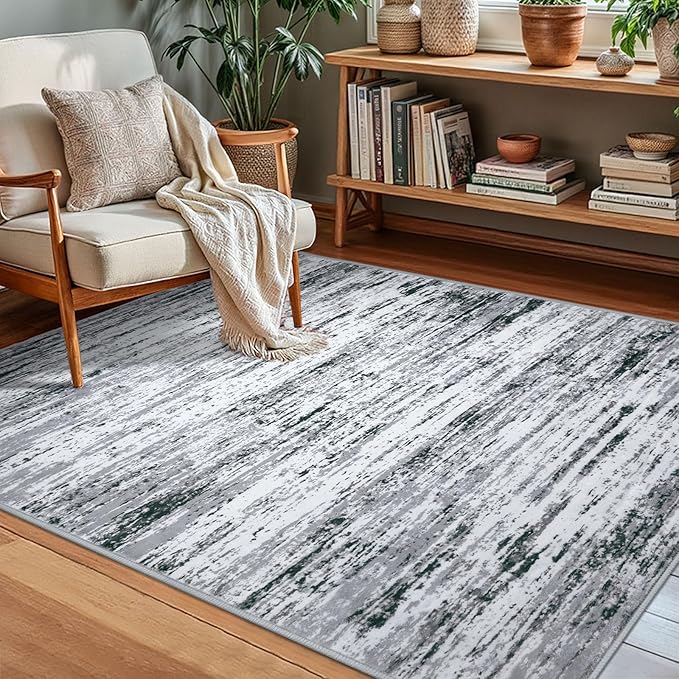Modern Abstract Small Area Rug Indoor 3x5 Washable Rug Non-Slip Soft Entryway Rug Black Gray White Kitchen Mats Thin Print Faux Wool Floor Carpet Throw Rugs for Entrance Bedroom Home Decor