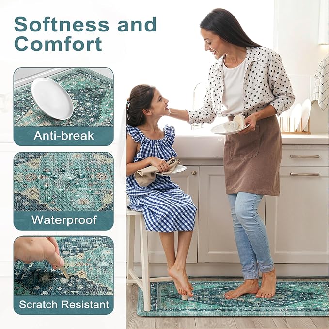 Collive Boho Kitchen Mats for Floor 2 Piece, Cushioned Anti Fatigue Kitchen Floor Mat Non-Skid Waterproof Under Sink Rug, Teal/Multi Comfort Standing Desk Rugs for Office, 17"x30"+17"x47"