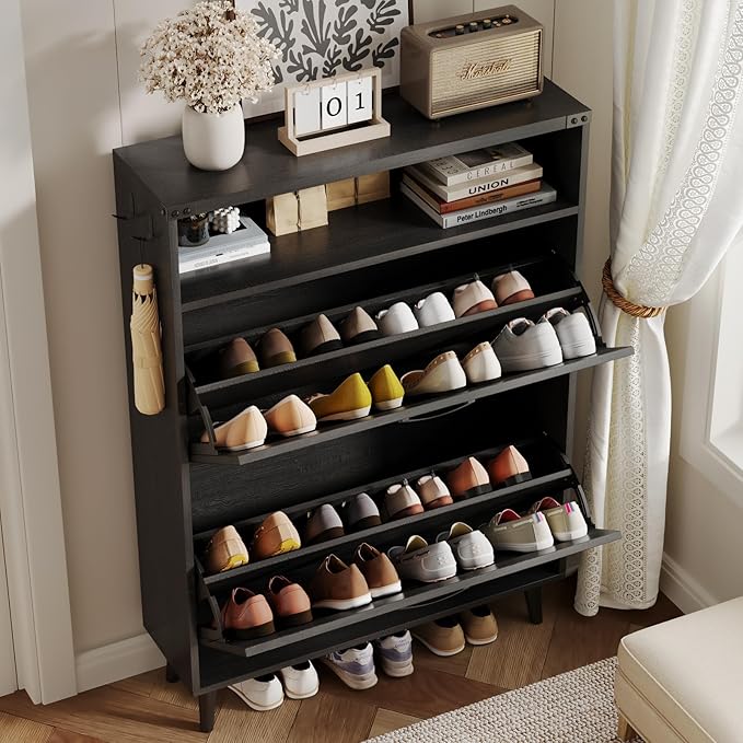 Shoe Cabinet with 2 Flip Drawers & Open Storage,Farmhouse Shoe Storage Cabinet for Entryway,Freestanding Narrow Organizer Rack with Legs,Foyer,Hallway,Black