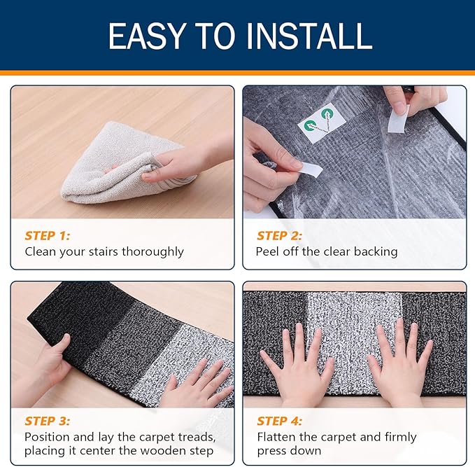 OLANLY Stair Treads Non Slip 15PCS, 8" x 30" Indoor Stair Runners for Wooden Steps, Edging Stair Rugs with Reusable Peel and Stick Adhesive for Kids Elders and Pets, Black