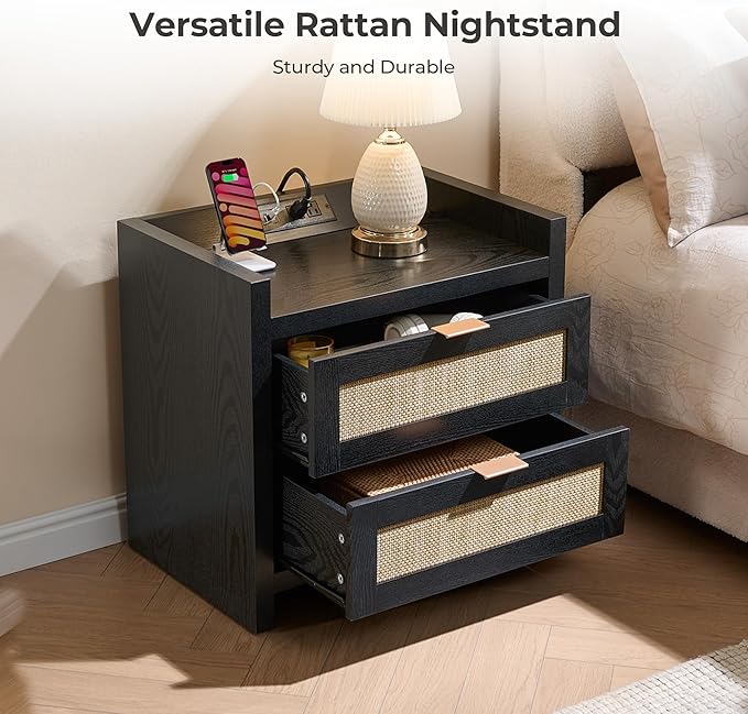 SICOTAS Night Stand Bedside Table - Rattan Nightstand End Table with Type-C Charging Station, 2 Drawers Storage Boho Night Stands for Bedroom - Black Oak