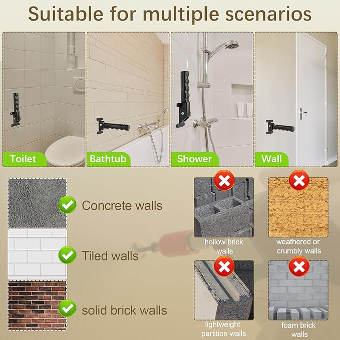 Grab Bars for Wall Shower Toilet Bathtub for Seniors Elderly, Stair Door Assist Handle for Elderly, Flip up Grab Bars Not in The Way, Keep Steadily (Wall Black)