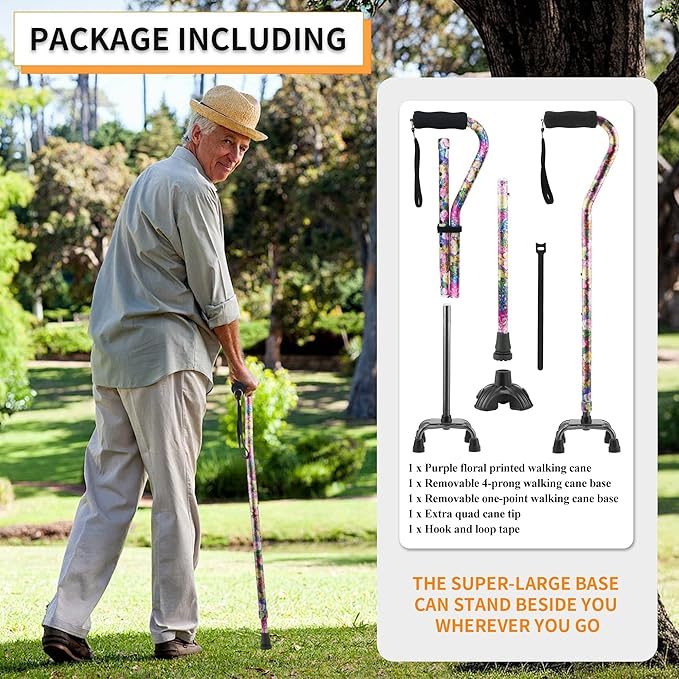 Walking Cane for Women & Men, Adjustable Quad Cane with 4-Prong Base for Stability and Balance, Folding Aluminum Walking Stick for Seniors