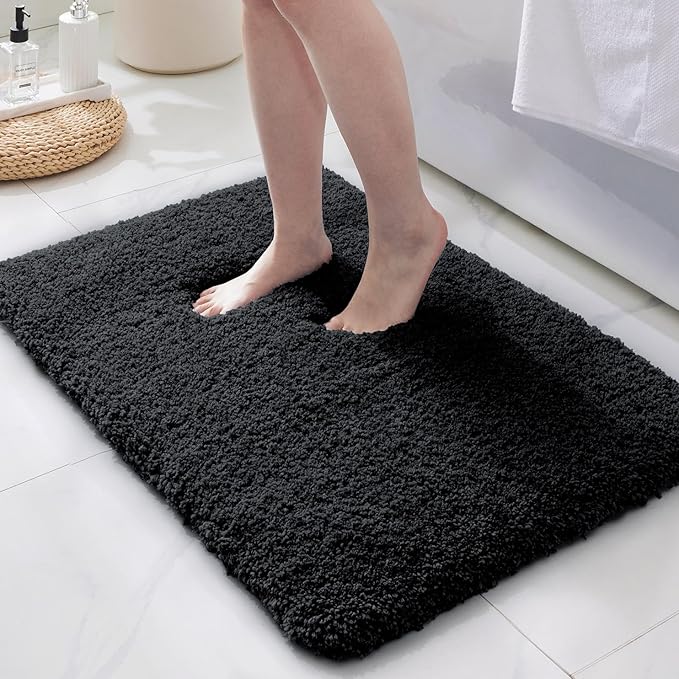 ILANGO Black Bathroom Rugs 30" × 20" Non Slip & Super Absorbent Extra Thick Soft, Washable Bath Mat for Floor, Microfiber Plush Shaggy Bath Rug with Rubber for Bathtub Shower Room Sink