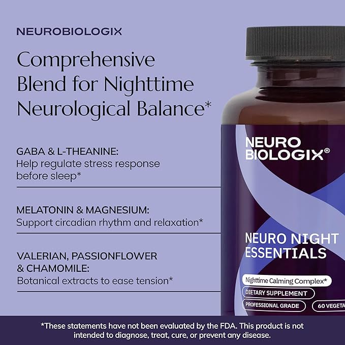 Neurobiologix Neuro Night Essentials, Calming Nighttime Formula with GABA L-Theanine Valerian Root & Magnesium, Supports Relaxation Emotional Balance & Wind-Down Routine, 60 Vegetarian Capsules