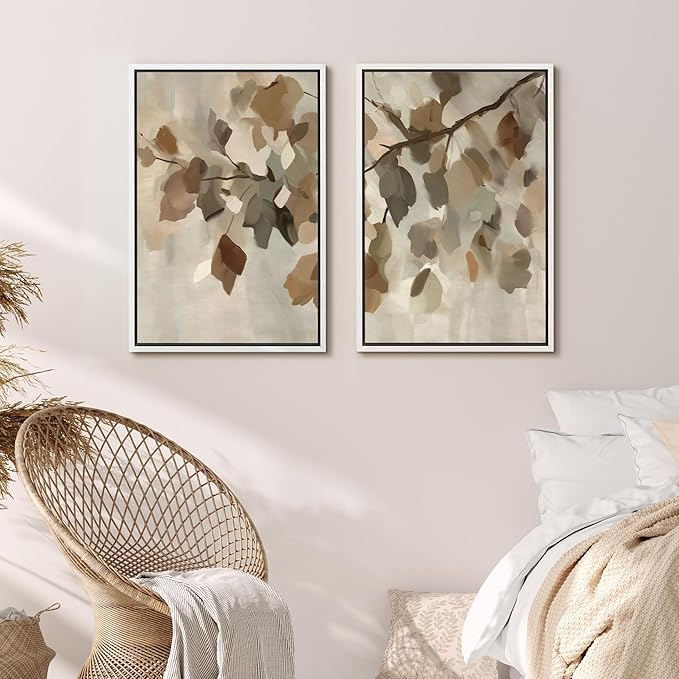 MUDECOR Framed Canvas Print Wall Art Set Abstract Leaf Branch Minimalist Nature-Inspired Beige and Brown Calm/Zen for Living Room, Bedroom, Office - 24"x36"x2 White
