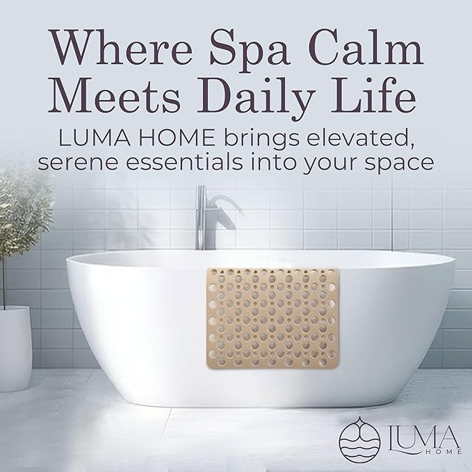 Non Slip Bathtub Mat and Shower Mat Beige TPE Strong Suction Cups Aesthetic Bath Mat for Inside Shower with Soft Texture, Quick-Dry Drain Holes, Spa-Inspired Design 30x17” (75x43 cm) (2)