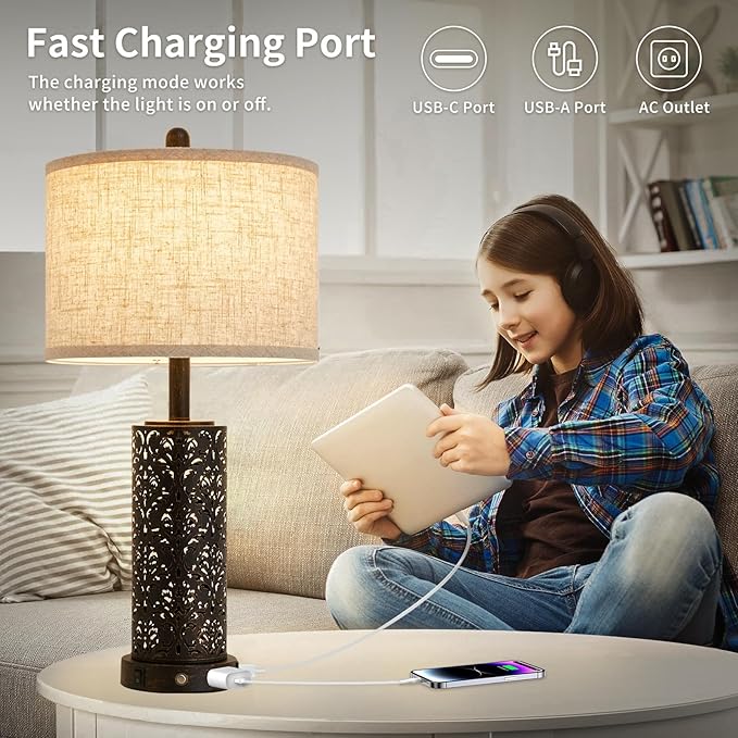 26" Farmhouse Table Lamp Dual Light 3-Way Dimmable Touch Control, 2 USB Ports + AC Outlet Rustic Bedside Lamp for Living Room Bedroom and Nightstand with Nightlight (Black-1 Pack)