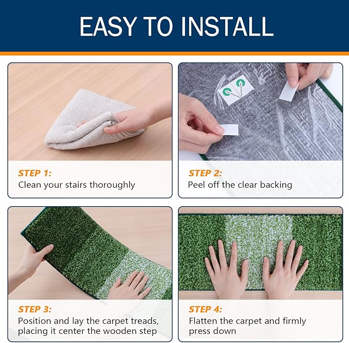 OLANLY Stair Treads Non Slip 15PCS, 8" x 30" Indoor Stair Runners for Wooden Steps, Edging Stair Rugs with Reusable Peel and Stick Adhesive for Kids Elders and Pets, Green