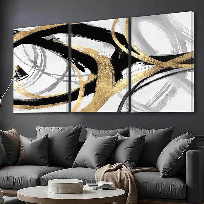 DUWQU 3 Piece Large Black and Gold Abstract Canvas Wall Art, Modern Black Gold and White Wall Decor, Spiral Brushstrokes Line Art Prints for Living Room Bedroom Office Home Decorations 24×36x3 In