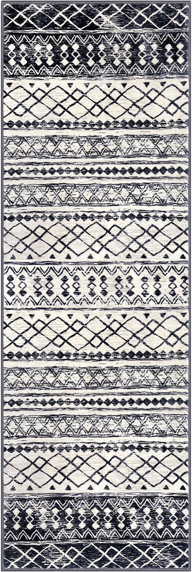 KUTA 2x6 Non-Slip Washable Runners for Hallways,Black Navy Blue Moroccan Boho Distressed Geometric Vintage Kitchen Runner, Ultra Soft Floor Mat for Entryway, Bathroom, Laundry, Living Room, Bedroom