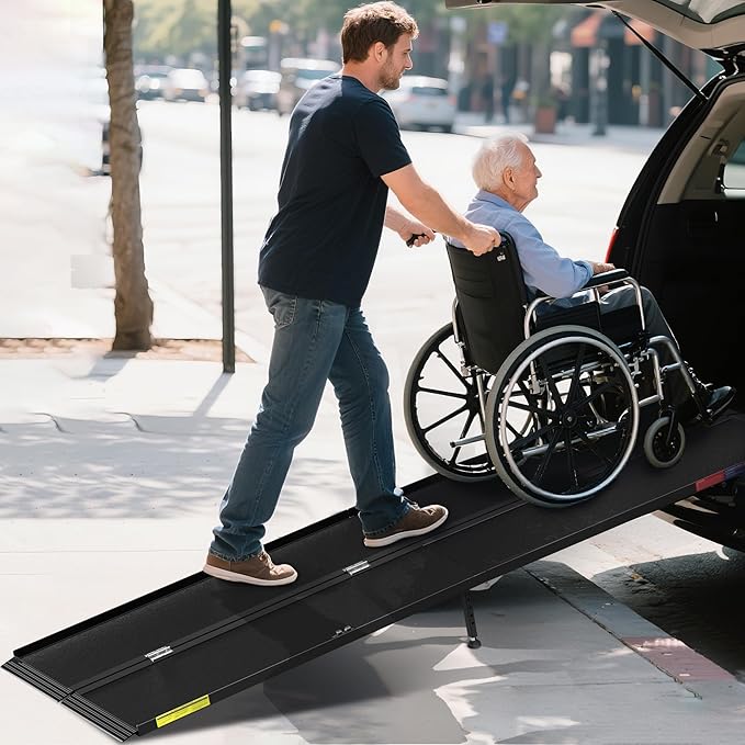 8FT Portable Wheelchair Ramp with Quick-Lock, Black Seamless Non-Slip Aluminum Folding Handicap Ramp,Threshold Ramp for Doorways, Wheel Chair Ramp for Home Steps