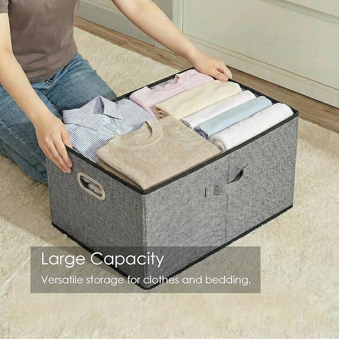 PRANDOM Storage Bins with Lids [3-Pack] Linen Fabric Foldable Storage Boxes Organizer Containers Baskets Cube with Cover Grey(23.4X15.9X11.4)