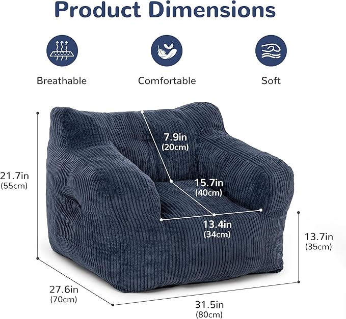 32" Bean Bag Chair,Loveseat Sofa,Corduroy Lazy Sofa Bed for Adults,Fit Living Room, Bedroom,Outdoor Spaces,Ultra Soft Dutch Velvet,Fluffy Comfort Washable Cover,72h Rebound,Blue