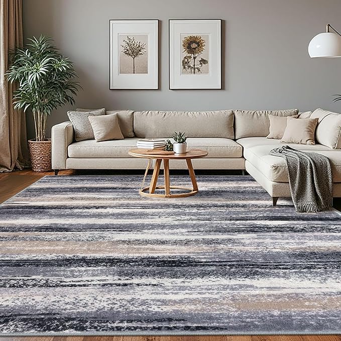 Modern Abstract 8x10 Large Machine Washable Living Room Rug Non-Slip Soft Bedroom Area Rug Grey Black Multi Ultra Thin Print Faux Wool Carpet Throw Rugs for Nursery Playroom Dining Room Indoor