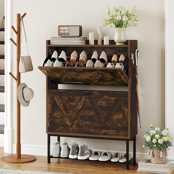 Narrow Shoe Storage Cabinet with 2 Flip Drawers & Adjustable Shelf for Entryway, Freestanding Hidden Slim Shoe Organizer Rack, Rustic Brown