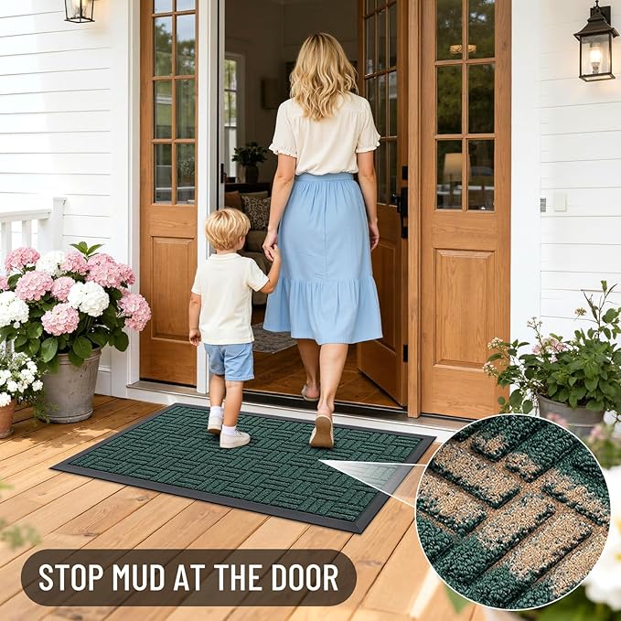 OLANLY Front Door Mat Outside Entrance 59x34, Absorbent, Heavy Duty Sturdy Natural Rubber Doormat Indoor Outdoor, Non-Slip, Stain and Fade Resistant, Low Profile Floor Mat for Entryway, Black Green