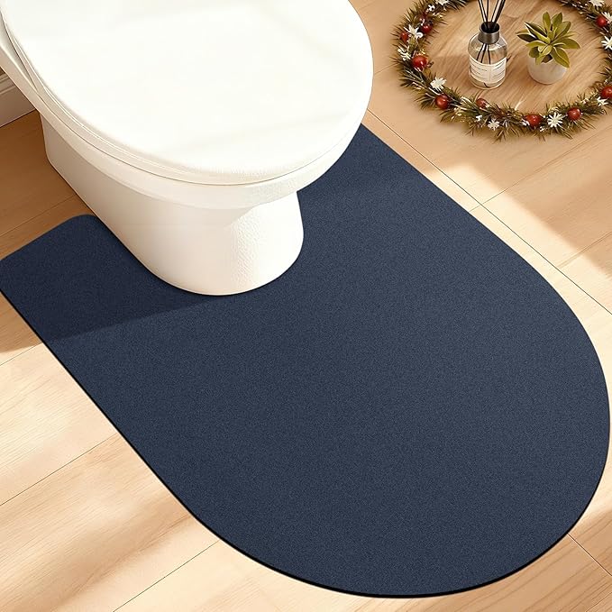 ACCUMTEK Toilet Rugs, Ultra Thin Absorbent Contour Bathroom Rugs for Toilet, Dry Quickly, Machine Washable, Upgrade Backing Non-Slip Bath Mat, Dark Blue/Solid/U-Shaped 24"x20"