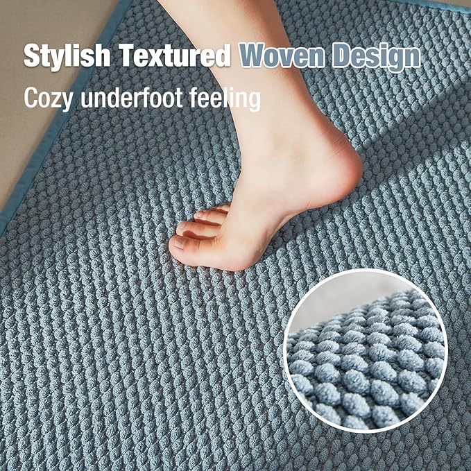 Non Slip Washable Bath Mat, Low Pile Chenille Bathroom Rug, Super Absorbent, Quick Dry, Denim Blue, 20"x24" U Shape