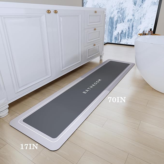 Bath Mats 17x70 Inch, Modernized Magic Mat Bathroom, Rubber Anti Slip Quick Drying Absorbent Bathroom Rug, Shower Room Rugs for in Front of Bathtub, Sink, Gray