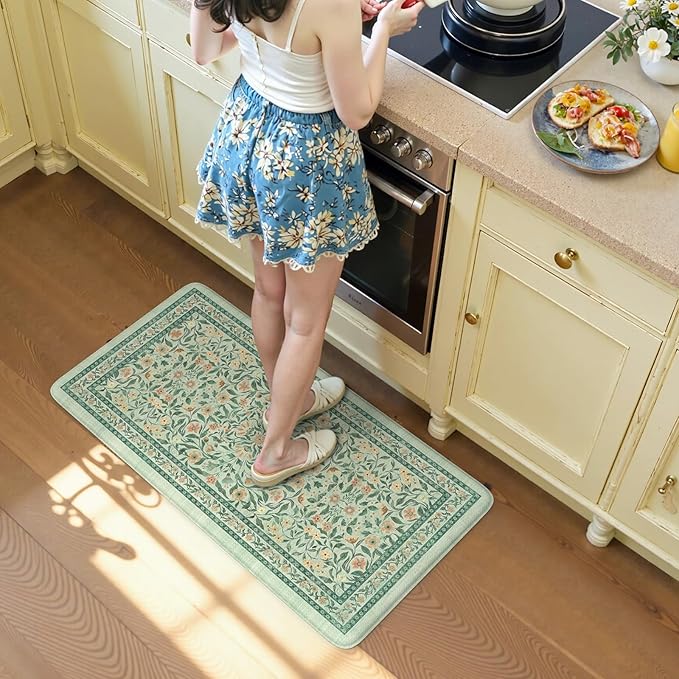 KIMODE Kitchen Mats Cushioned Anti Fatigue 20"x39", Green Floral Kitchen Mats for Floor, Padded Kitchen Floor Mats Non Slip, Standing Mat for Laundry Office Sink Desk