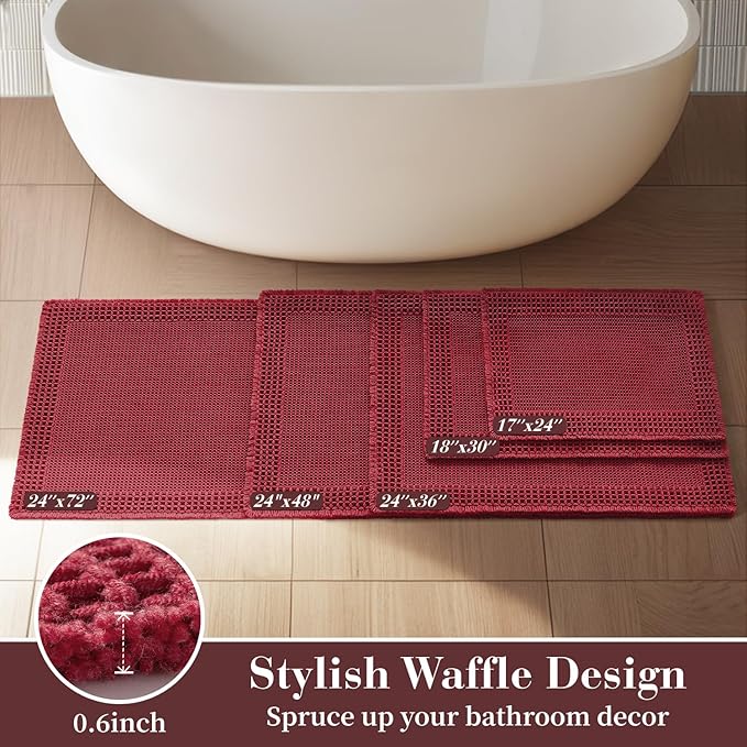 RESARE Christmas Waffle Bath Mat for Bathroom, Super Absorbent Bathroom Rugs Non Slip Machine Washable, Ultra Soft Quick Dry Boho Bath Rugs with Tassels for Floor, 17"x24" Red