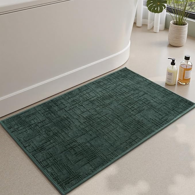 AMOAMI Bath Mat Non Slip Super Absorbent Quick Dry Bath Mats for Bathroom Floor Rubber Backing Washable Bathroom Rugs Modern Woven Jacquard Mat, Beside Tub Bath Rugs, 17" x 24", Green
