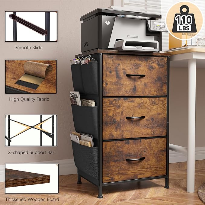 EnHomee Tall Nightstand,Night Stand with Drawers for Bedroom,Bedside Table with Wooden Top,Sturdy Steel Frame End Table,Dorm Small Nightstand for Bedroom,Entryway,Closet,Cloth Bags,Rustic Brown