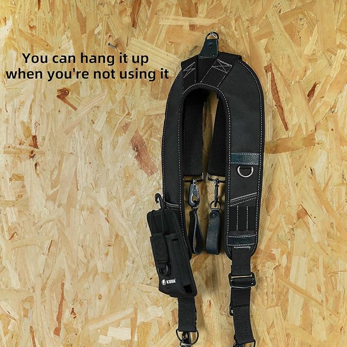 KUNN Leather Tool Belt Suspenders Construction Bag Suspenders Molded Air Channel Work Belt Suspender for Carpenter Electrician,Black