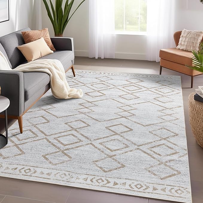 jinchan Moroccan 4x6 Area Rugs for Bedroom - Machine Washable Soft Modern Geometric Stain Resistant Non-Slip Ultra-Thin Low-Pile Faux Wool Carpet for Living Room Kitchen Dining Room (4x6ft, Taupe)