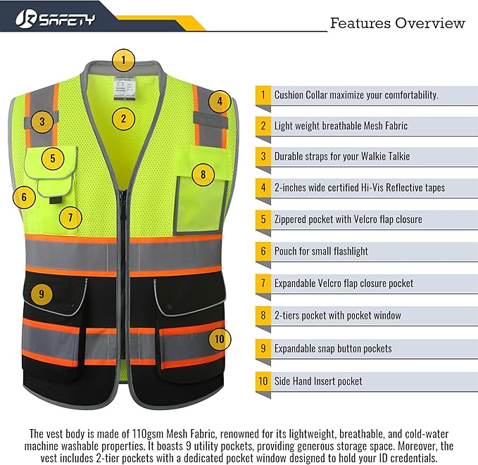 JKSafety 9 Pockets Class 2 Hi-Vis Safety Vest High Visibility Reflecitive Mesh Safety Vests for Men and Women Cushioned Collar Work Utility PPE Work Gear ANSI/ISEA compliant (101-YBlack 3XL)