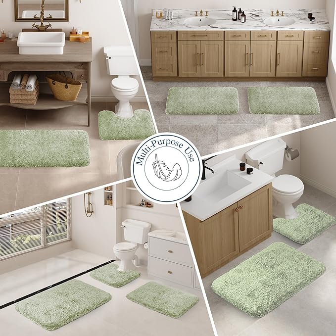 Walensee Bathroom Contour Rug (20x24, Pale Green) Non Slip Bath Mat for Bathroom Water Absorbent Soft Polyester Shaggy Machine Washable Bath Rug U Shape Toilet Rug