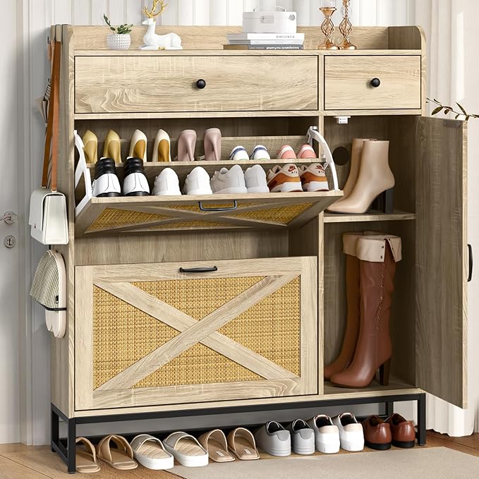 Shoe Cabinet with 2 Flip Cabinets & Side Cabinet, Shoes Cabinet with Adjustable Shelves, Shoe Storage Organizer for Entryway, Hallway Living Room, Space-Saving, Rustic Oak