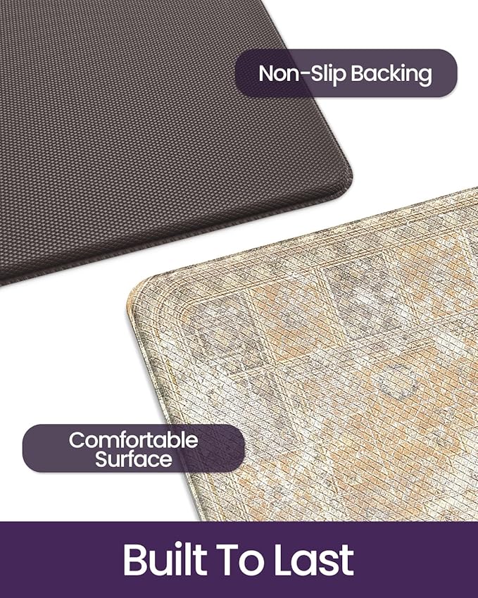 DEXI Kitchen Floor Mats Anti Fatigue, 23x59 Large Cushioned Vintage Runner Rug Waterproof, Standing Comfort Memory Foam Padded for Front Sink Laundry Office, Beige and Light Orange