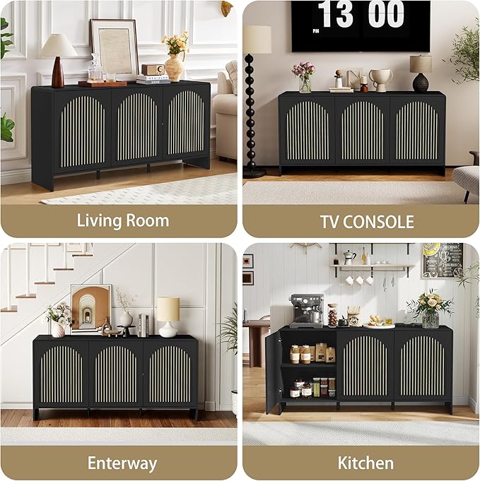 59" Sideboard Buffet Cabinet with Storage, Wood Arched TV Console Storage Cabinet with 3 Doors and Adjustable Shelf, Large Curved Accent Cabinet for Living Room Hallway Kitchen Dining Room, Black