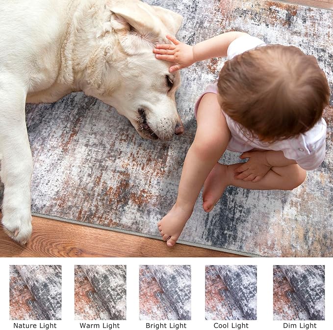 Modern Abstract Runner Rug 2x6, Grey Orange Multi Washable Kitchen Runner Non-Slip Soft Hallway Rug Runner Thin Print Faux Wool Carpet for Entryway Bedroom Laundry Room Indoor Home Decor